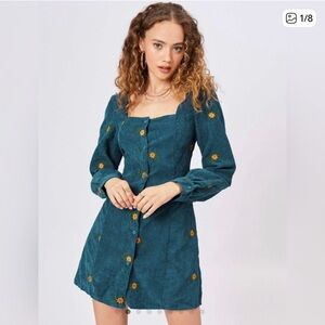 Cider Corduroy Floral Embroidered Mini Dress NWT S